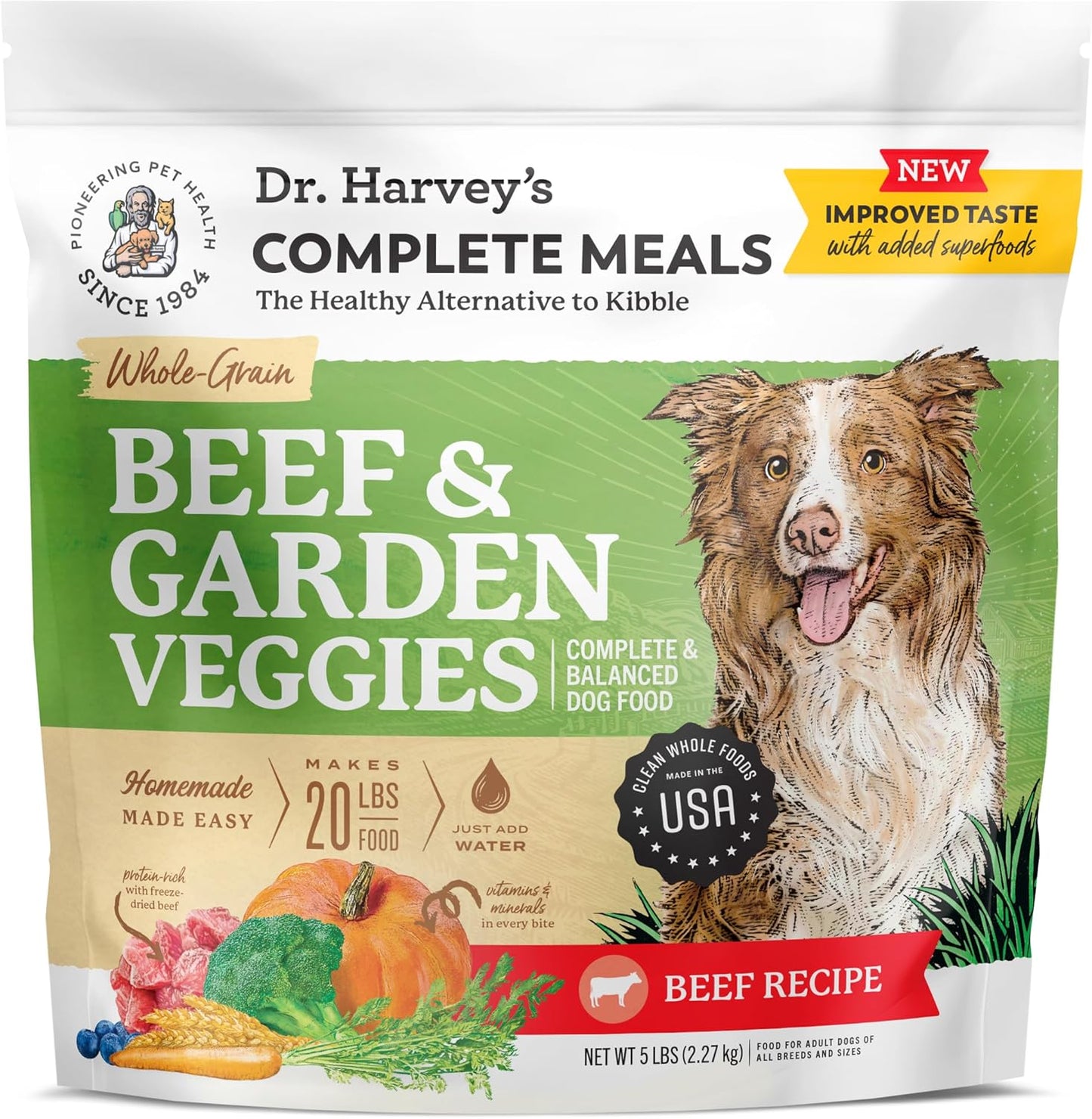 Dr. Harvey's Beef & Garden Veggies Dog Food, Human Grade Whole-Grain Dehydrated Dog Food with Freeze-Dried Beef (5 Pounds)
