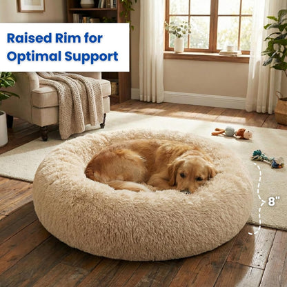 Calming Donut Pet Bed – Plush & Supportive Round Bed with Extra Filling for Comfort – Removable Cover & Water-Resistant Liner – Cozy, Fluffy Nest for Dogs & Cats (Beige, 23" L x 23" W x 8”Th)