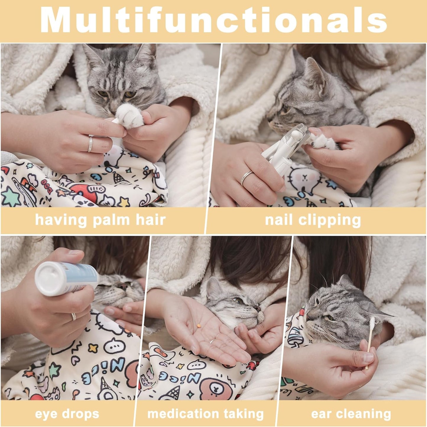 27.6''Cat Grooming Wrap,Cats Wrap for Cutting Nails,Ear Cleaning,Vet Visit Anti-Scratch Anti-Escape Restraint Swaddle,Cat Burrito Wrap L(Within 15lbs),Small Dog Grooming Tool