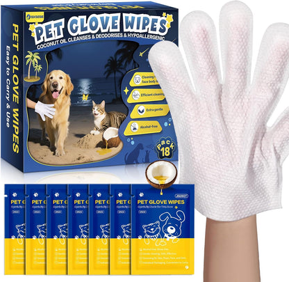 Pet Glove Wipes for Dogs and Cats, Deodorizing and Cleaning Gloves, Hypoallergenic Coconut Oil Grooming Wipes, Individually Wrapped Dog Bath Wipes, for Pet Dry Cleaning, Daily Care and Travel, 18 Pcs