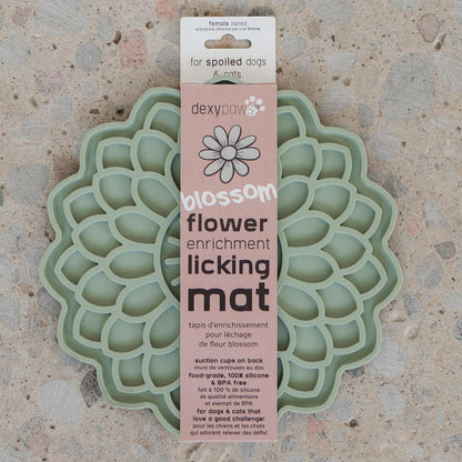Enrichment Lick Mat: Sage Green Blooming Blossom - Grooved Silicone Dog Feeding Dish, Spread On Food Or Treats, Pet Soothing, Suction Back