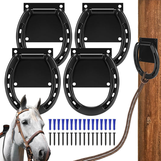 Zhengmy 4 Set Tie Ring for Horses, Heavy-Duty Solid Steel, with Expansion Screws, 3 x 3 Inch, Horseshoe Cross Ties Down, Tack Barn Stable Supplies for Horse, Black