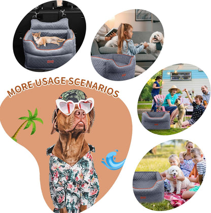 Dog Car Seat - Memory Foam Dog Booster Seat for Small Dogs Up to 25lbs-Elevated Pet Car Seat with Storage Pockets and Dog Seat Belt-Soft Pet Travel Bed for Front & Back Seats-Removable Washable-Grey