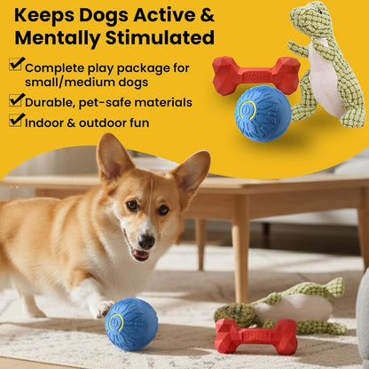 Fur4Fun Interactive Dog Toy Set - Includes Automatic Rolling Rubber Ball, Rugged Treat Play Bone and Tough Dinosaur Squeak Plush Toy. Full Play Package for Small/Medium Sized Dogs.