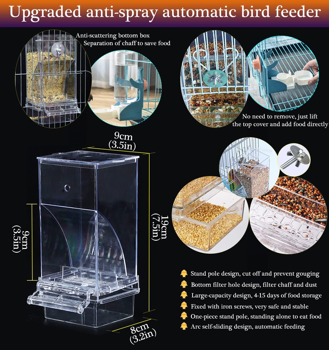 Kenond No Mess Bird Feeder Water Dispenser Set, Automatic Parrot Feeder Cage Accessories, Clear Parakeet Seed Container Food Drinker for Cage, Cockatiel Finch Lovebirds Budgies Canary (Blue)