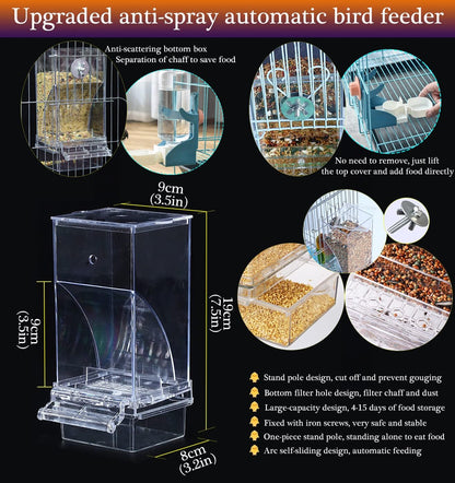 Kenond No Mess Bird Feeder Water Dispenser Set, Automatic Parrot Feeder Cage Accessories, Clear Parakeet Seed Container Food Drinker for Cage, Cockatiel Finch Lovebirds Budgies Canary (Blue)