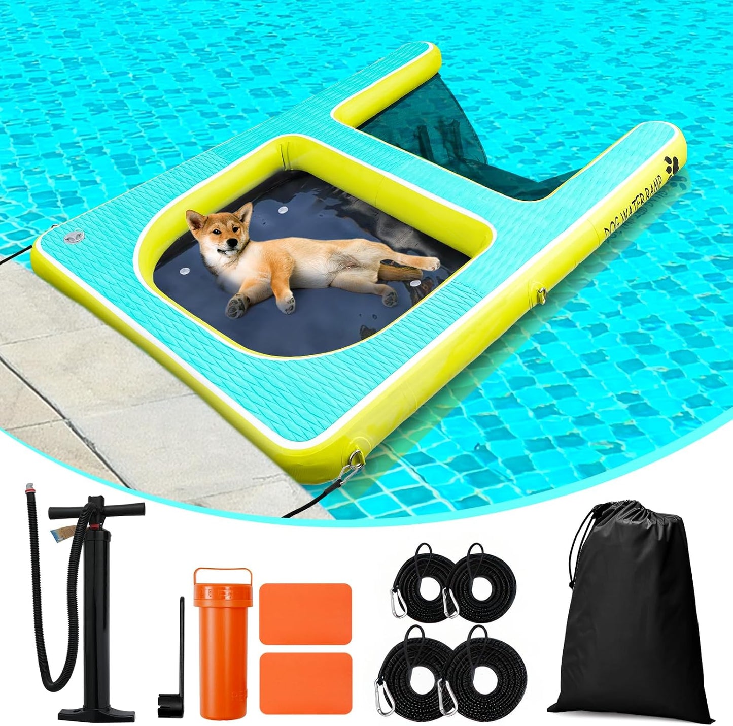 2 in 1 Dog Pool Float & Water Ramp,Upgrated Inflatable Dog Boat Ramp,63" Lx47 W Floating Dock for Medium Large Dog Up to 180LBS,Non-Slip(EVA) for Safety,High Stability,Ladder for Boat,Lake