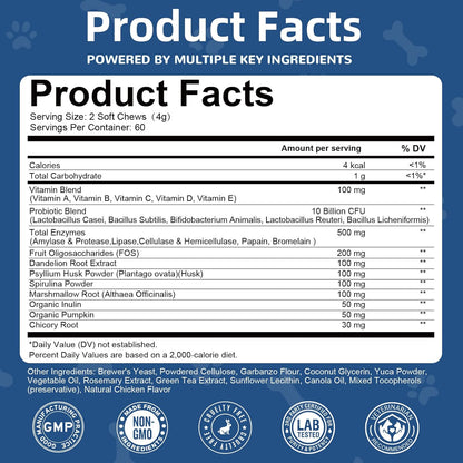 Probiotics for Dogs with Enzymes & Fiber Blend Supports Gut Health, Yeast Balance, Allergies, Itchy Skin, Boost Immune - Natural Probiotic Supplement for Digestive, Diarrhea, Gas, Constipation,120Ct