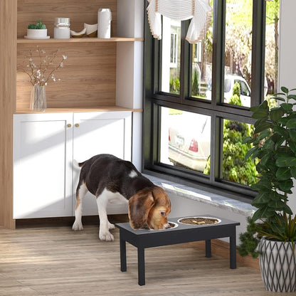 LUMILAND 23" Wooden Elevated Dog Feeding Station for Healthier Eating, Durable Design with Stainless Steel Bowls, Elegant Black Finish