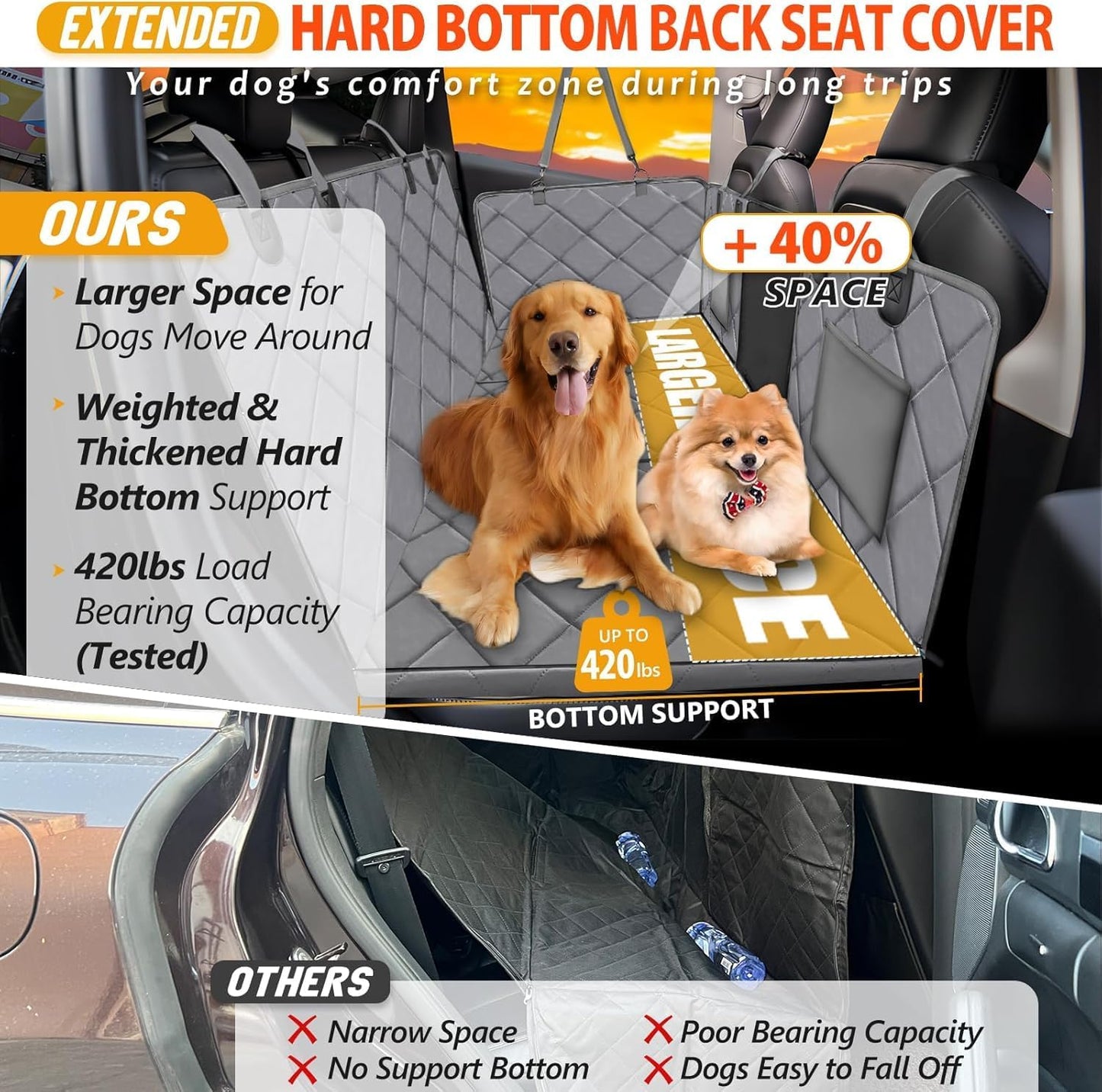 Back Seat Extender for Dogs-Large Space, Dog Car Seat Cover Hard Bottom Holds 420lb, Sturdy Backseat Extender for Dogs, Upgraded Material,Waterproof Dog Hammock for Car, SUV, Truck