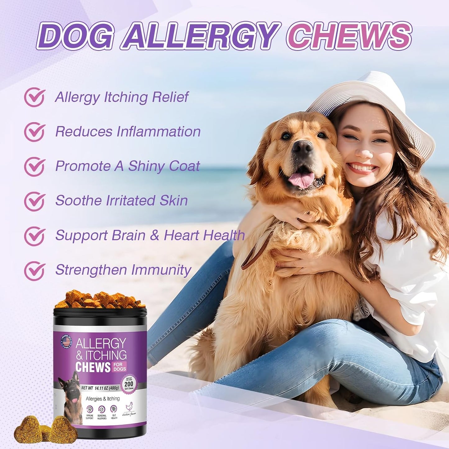 Dog Allergy Chews 200ct - Dog Allergy and Itching Skin Relief Anti Itch Aller Immune Bites for Dogs Licking Paws Treatment Relief Itchy Chew Probiotics Vitamins for Skin and Coat Allergies - Chicken