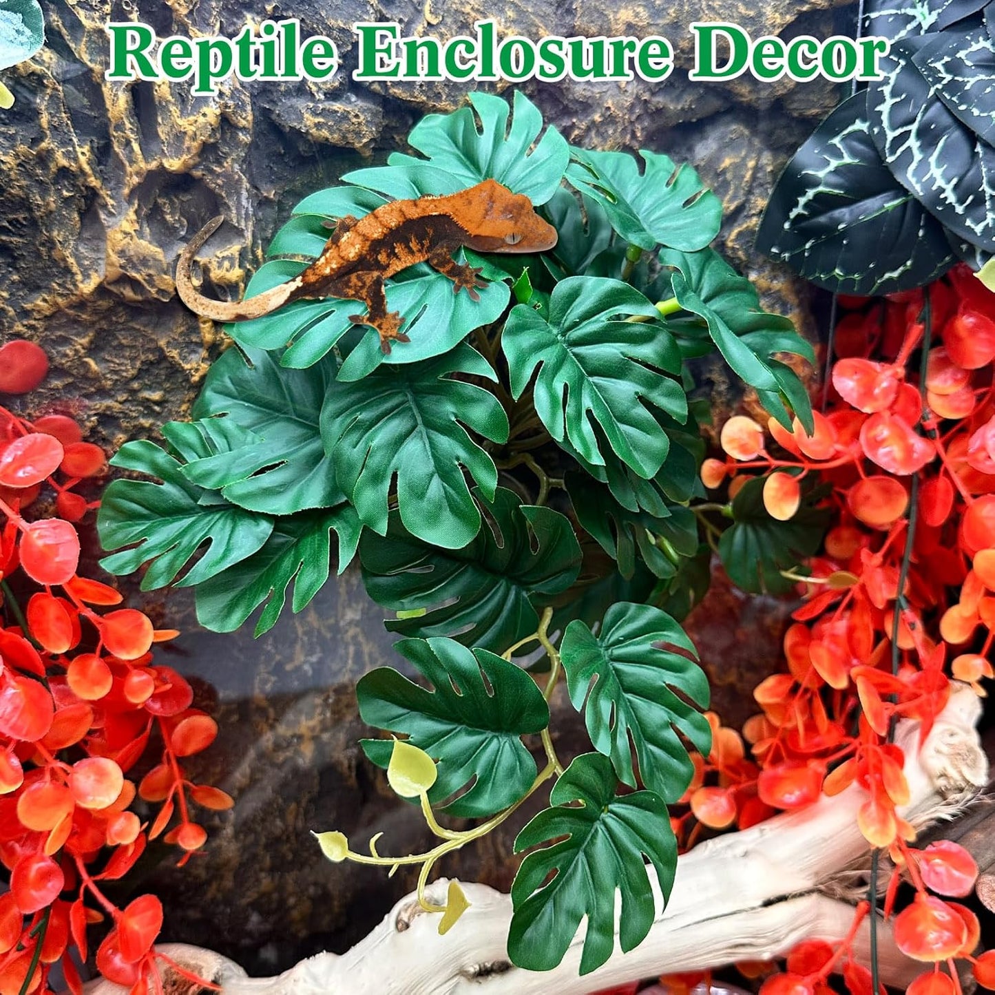 VCEPJH Reptile Bark Bedding,1 LB Natural Cork Bark for Geckos and 2 Pcs Plants with Suction Cup Amphibian Habitat Decor for Bearded Dragon, Lizard, Snake