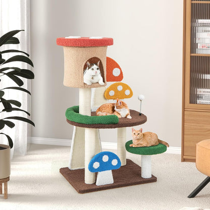 PETSITE Mushroom Cat Tree, 40.5 Inches Tall Multi-Level Cat Tower with Natural Sisal Scratching Posts & Boards, Cat Condo and Teasing Spring Ball, Cute Cat Tree Tower for Indoor Cats Large Adult