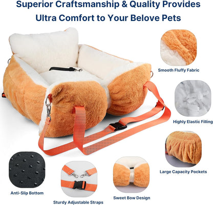 Fuzzy Dog Bed Car Seat, Easy to Carry Small Dog Car Seat with Handles for Small Pets up to 25lbs, Cute Cat Beds for Indoor Cats, Washable Pet Bed with Removable Water Resistant Lining Cover