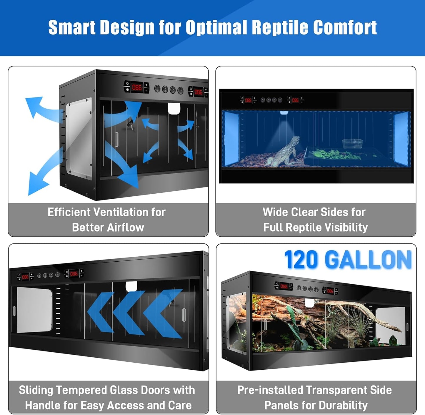 120 Gallon PVC Reptile Terrarium - Extra Large Reptile Tank with Intelligent Thermostat, Front Opening Bearded Dragon Tank Enclosure 47"x24"x24" with Carpet Mat and Sliding Door Handle for Snake Gecko