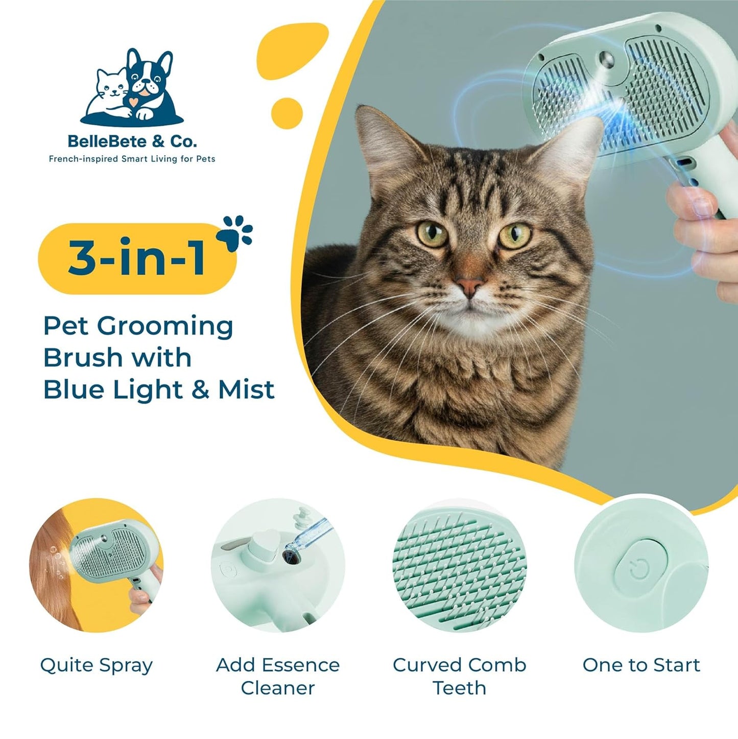 BelleBête & Co. Pet Steam Brush for Dog and Cat, Pet Hair Removal Grooming and Shedding Tool with One-Click Easy Self-Cleaning, USB Charging, No-Rinse Conditioning, Combs for Animals | Purple