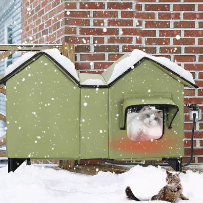 Heated Cat House, Extra Large Heated Outdoor Cat House Weatherproof with Heating Pad for Winter, Elevated Waterproof Insulated Cat Houses for Outdoor Cats, Warm Feral Cat Shelter (Green)