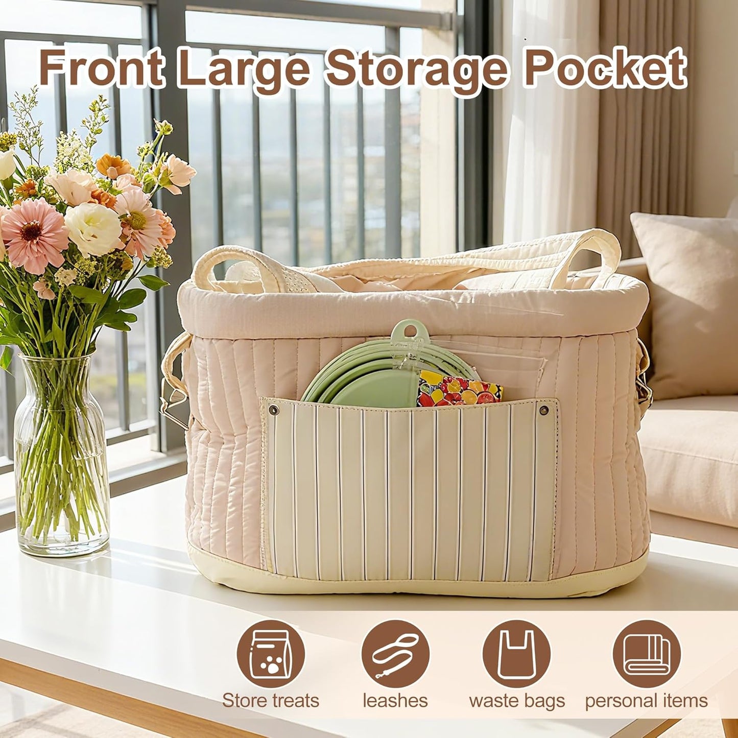 Stylish Quilted Dog Sling Carrier – Hands-Free Pet Shoulder Bag for Small Dogs & Cats, Breathable & Secure Travel Tote up to 10 lbs, Beige