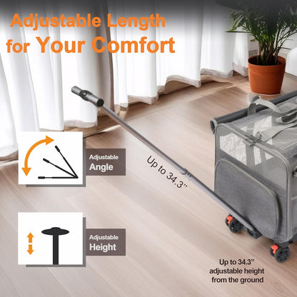 Large Cat Carrier with Wheels – Double-Compartment Foldable Pet Dog Carrier with Wheels for Multi Pets – Soft Rolling Backpack with Detachable Divider, Water Pocket, for Travel Camping Hiking