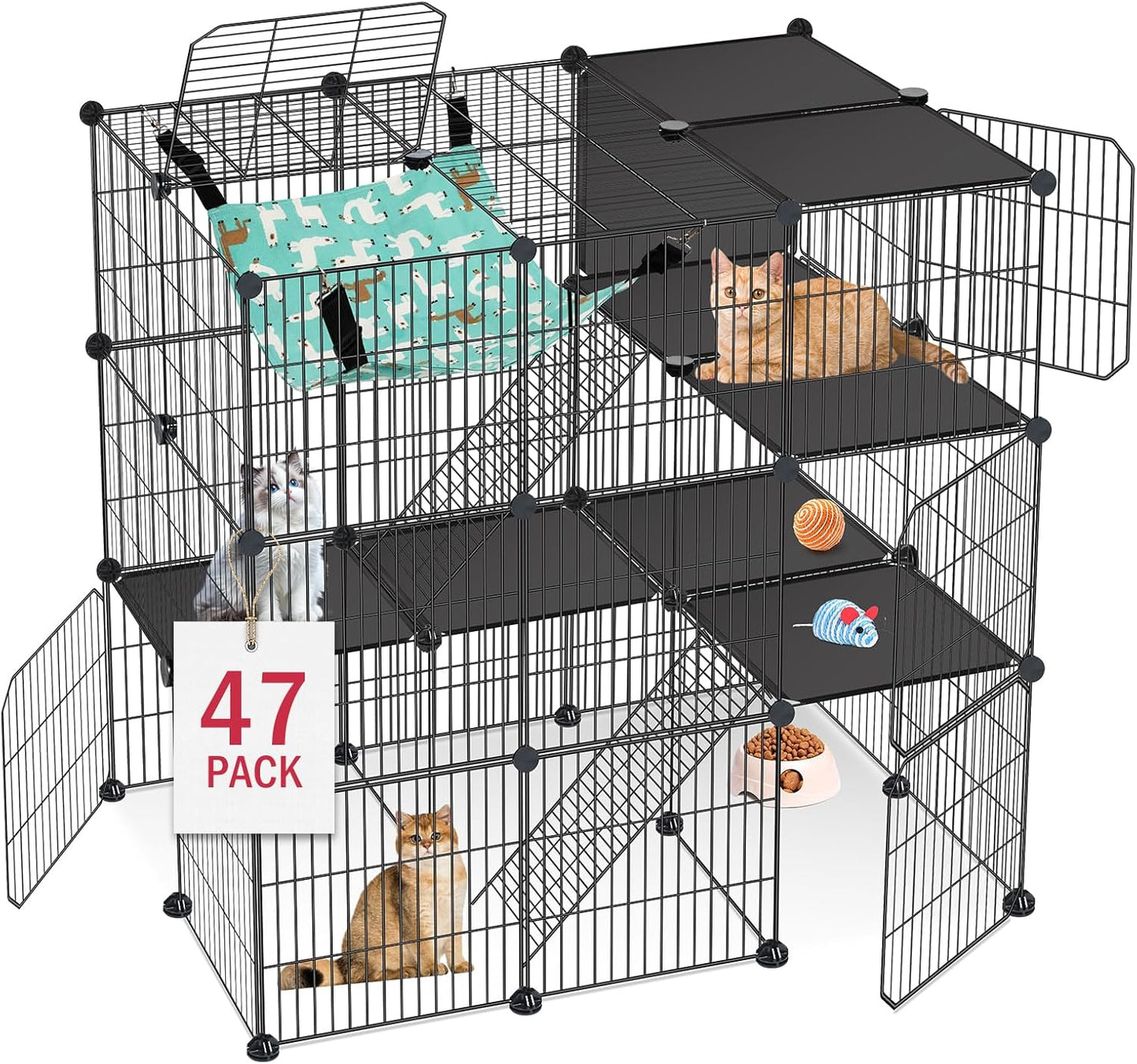 Cat Cage, 3-Tier DIY Cat Enclosures Catio, Cat Playpen Indoor & Outdoor with Hammock, Detachable Metal Wire Kennel Cats Crate, 2x3x3 Exercise Place for 1-3 Cats/Kitten