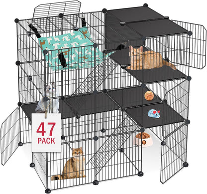 Cat Cage, 3-Tier DIY Cat Enclosures Catio, Cat Playpen Indoor & Outdoor with Hammock, Detachable Metal Wire Kennel Cats Crate, 2x3x3 Exercise Place for 1-3 Cats/Kitten
