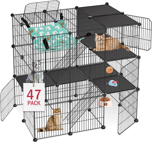Cat Cage, 3-Tier DIY Cat Enclosures Catio, Cat Playpen Indoor & Outdoor with Hammock, Detachable Metal Wire Kennel Cats Crate, 2x3x3 Exercise Place for 1-3 Cats/Kitten