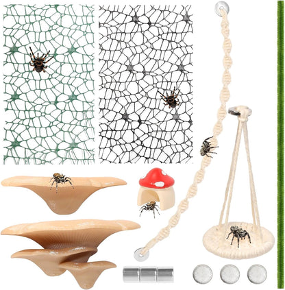 8 Pcs Jumping Spider Hide Enclosure Habitat, Pet Spiders Hideout Leaf Climbing Rope Bridge Swings & Web, Mushroom Shelf, Jump Platform with Magnets for Pet Spider Habitat Accessories