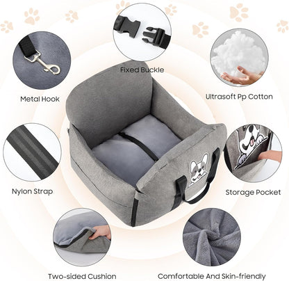 Dog Car Seat for Small/Medium Dogs.Water Repellent with Storage Pockets.Doubles as a Pet Travel Bed for Dogs Up to 40 lbs. Machine Washable Dog Carrier- Gray French Bulldog