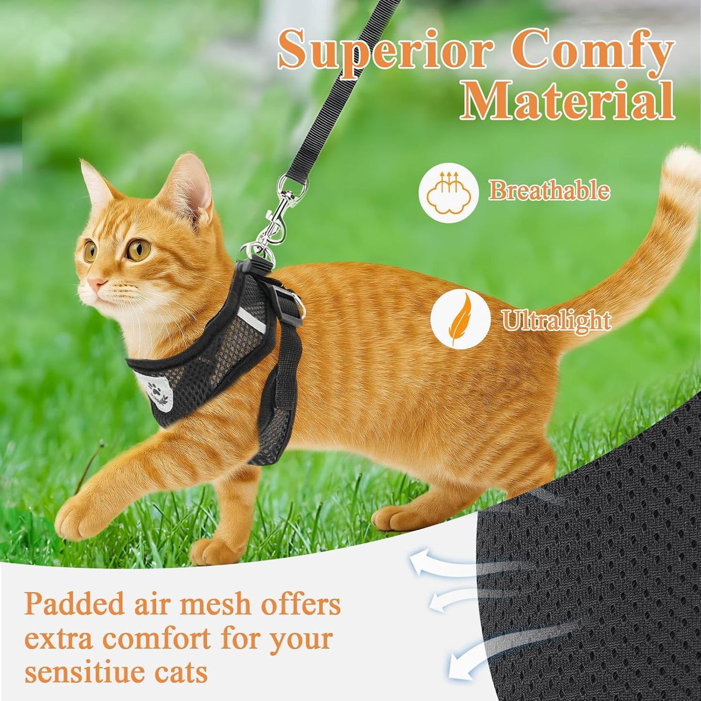 Cat Harness and Leash for Walking, Soft Mesh Cat Harness and Leash Escape Proof, Kitten Harness and Leash Set for Outdoor Travel Black (S)