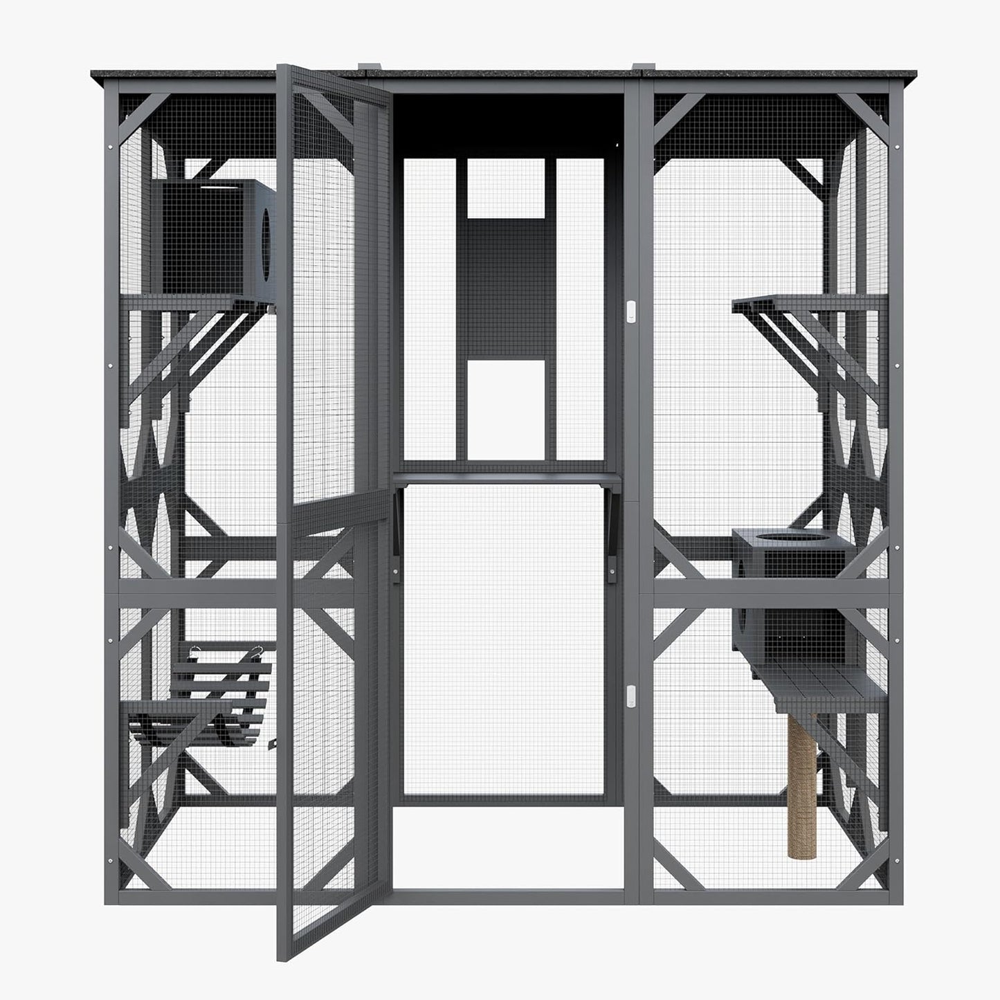 70 Inch Outdoor Walk-in Cat Enclosure with Window, Waterproof Roof Cattery with Bridge and Scratching Post Outdoor Patio Cat Playpen, Grey