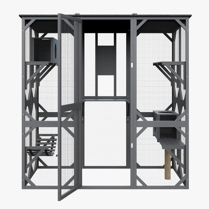 70 Inch Outdoor Walk-in Cat Enclosure with Window, Waterproof Roof Cattery with Bridge and Scratching Post Outdoor Patio Cat Playpen, Grey