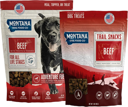 Beef Dog Food and Beef Dog Treat Adventure Fuel Bundle - 16 oz Freeze-Dried Raw Food with Single Ingredient Training Snacks