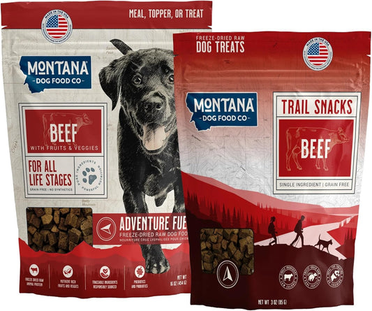 Beef Dog Food and Beef Dog Treat Adventure Fuel Bundle - 16 oz Freeze-Dried Raw Food with Single Ingredient Training Snacks