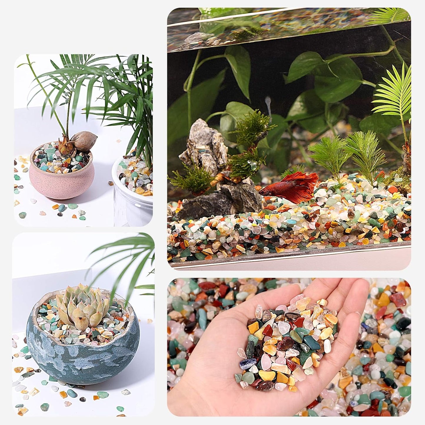 Mixed Crushed Crystal Chips Bulk 1lb 1200+Pcs Assorted Tumbled Stone Chips Natural Polished Mixed Chakra Aquarium Gravel Rocks for Plants Terrarium Supplies Fish Tank Gravel Pebbles Vase Filler