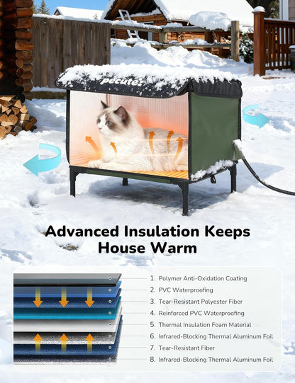 Pecute Heated Outdoor Cat House with Heating Pad - Weatherproof Insulated Winter Shelter for Outside Feral Cats, Cathouse with 2 Exits, Reinforced Metal Frame, Expanded Canopy for Porch Garage Barn