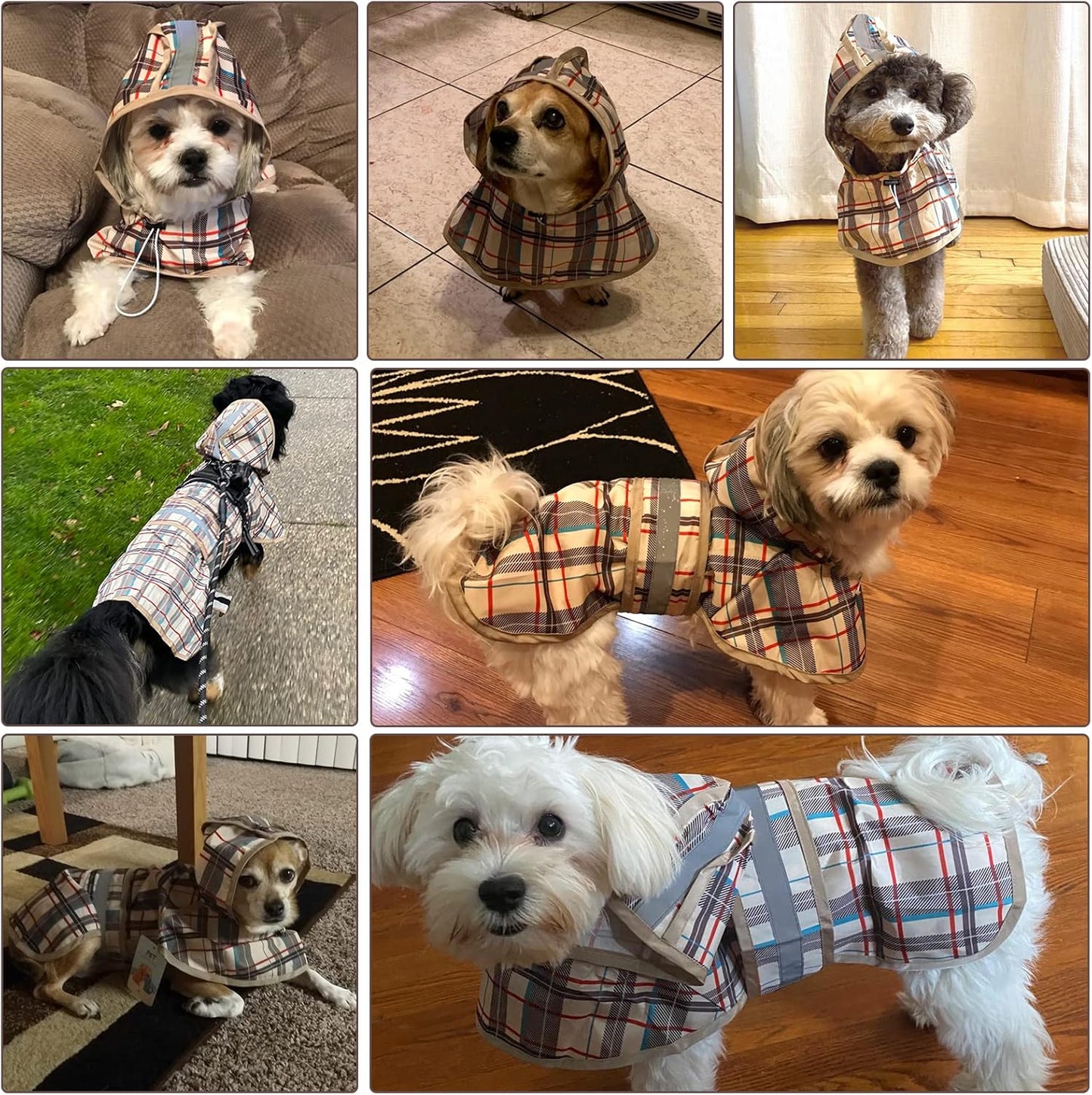 KOOLTAIL Dog Raincoat Hooded Slicker Poncho with Leash Hole, Raincoat for Small Medium Dogs, Waterproof Doggie Rain Jacket with Reflective Strip, Adjustable Breathable Plaid Puppy Rainwear,Beige S