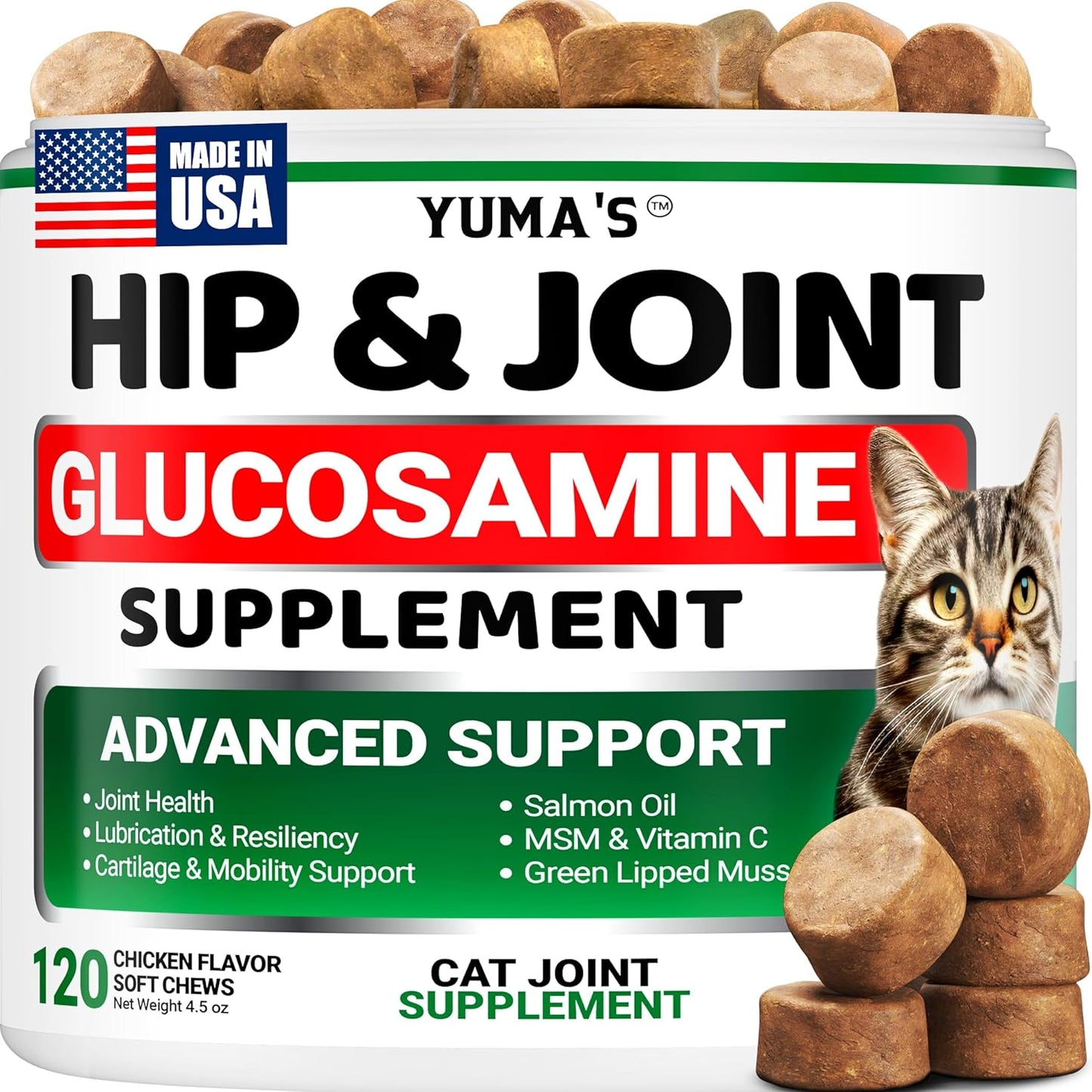 YUMA'S Cat Hip and Joint Health Supplement Chews – Advanced Glucosamine for Cats – MSM, Chondroitin & Omega-3 Salmon Oil – Supports Mobility, Joint Pain Relief, Cat Vitamins for Indoor & Outdoor Cats