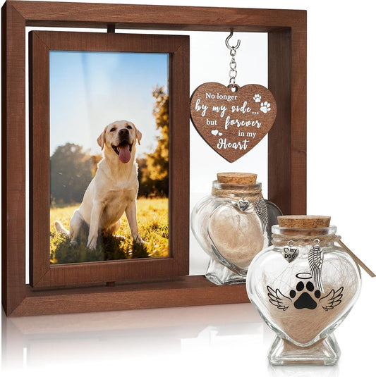 Dog Memorial Gifts for Loss of Pet - Rotating Wooden Frame for 4x6 Photo & Fur Hair Jar - Sympathy Gift for Pet Bereavement, Remembrance Keepsake - Rainbow Bridge Gift