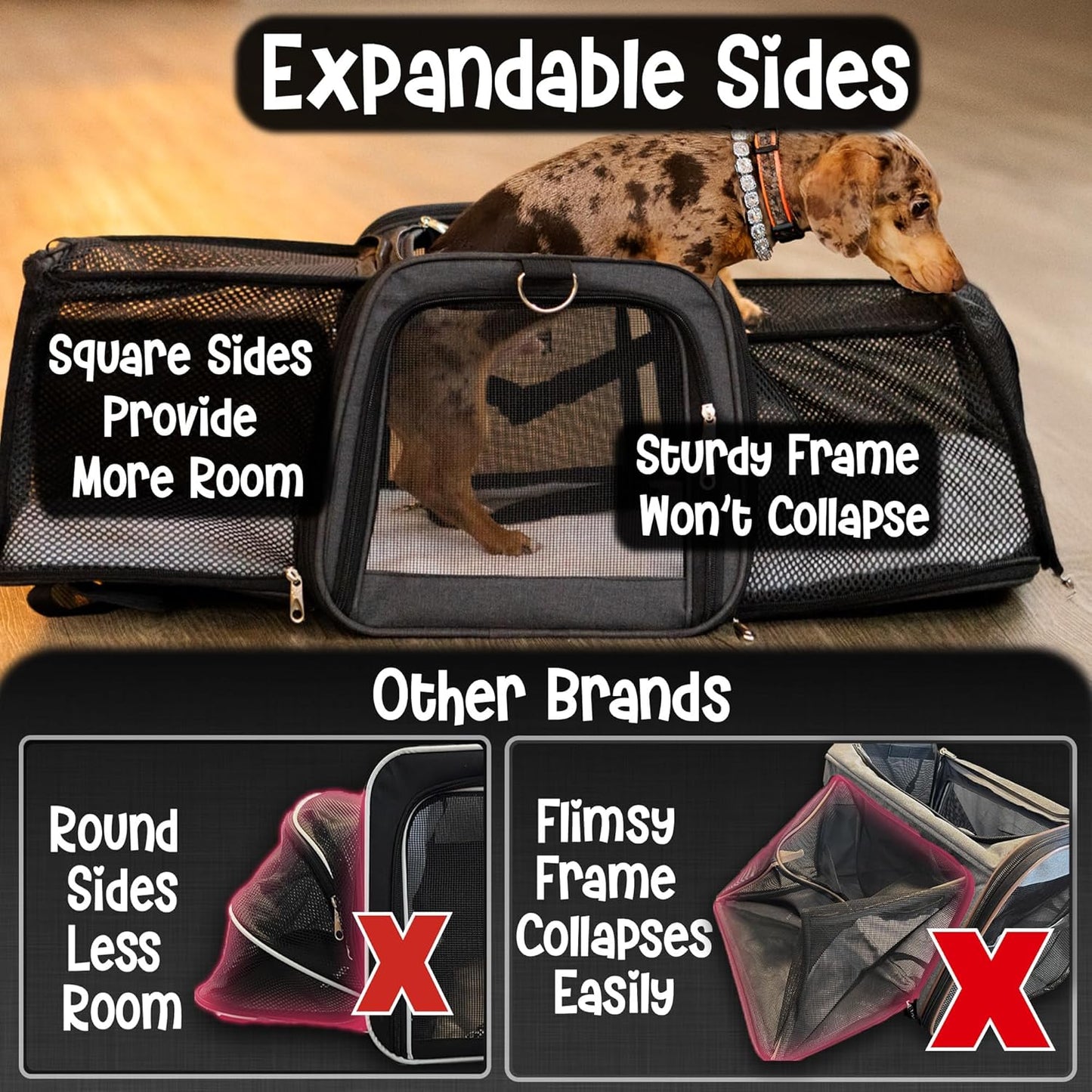 Pet Carrier with Wheels | Delta American Frontier Airline Approved | Two Expandable Sides, Storage Pockets Adjustable Leash | Rolling Dog and Cat Carrier TSA Compliant (Blue 17x12.5x11)