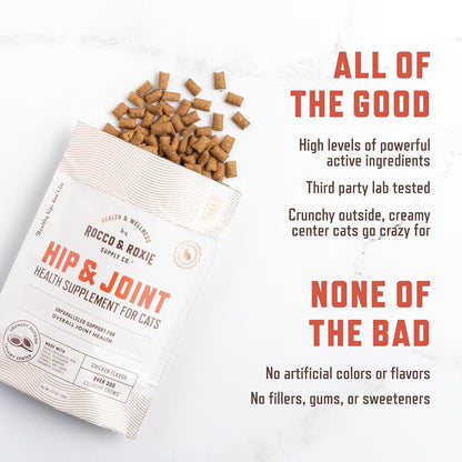 Rocco & Roxie Senior Cat Hip & Joint Supplements - Chicken Flavored Glucosamine Joint Supplement for Cats, Cat Arthritis Pain Relief, with Green Lipped Mussel, Made in USA, Over 300 Crunchy Chews