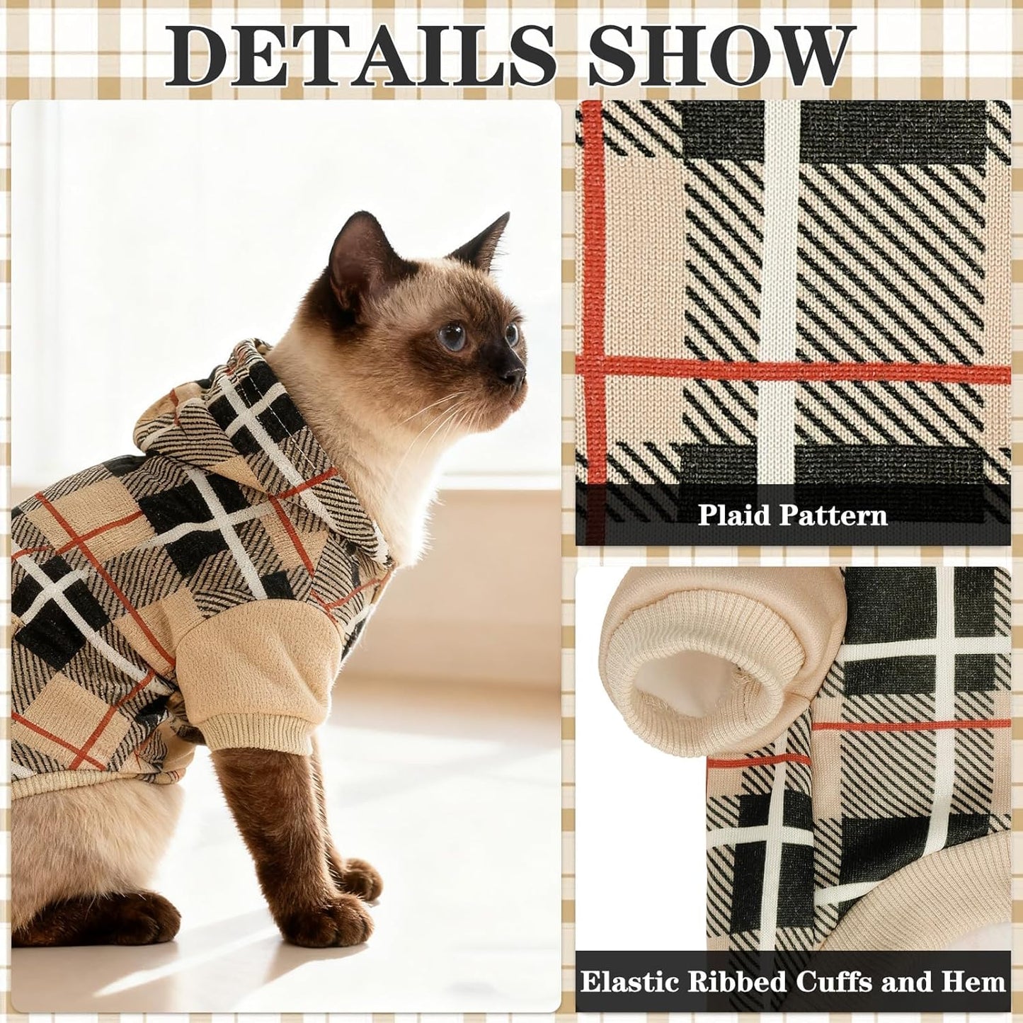 EXPAWLORER Plaid Cat Hoodie - British Style Warm Cat Sweater Shirt with Leash Hole,Pet Clothes Outfits,Winter Coat Apparel for Puppy Cats Girl Boy-Kitten Apparel,Beige S
