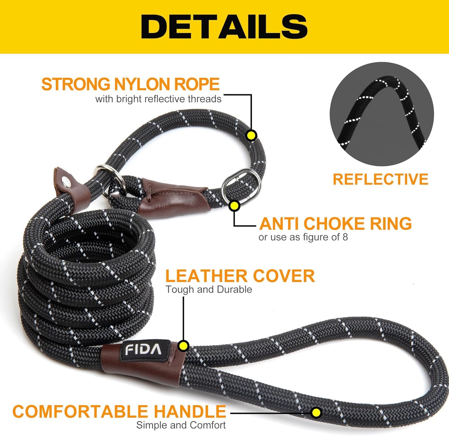Fida Durable Slip Lead Dog Leash, 6 FT x 3/8" Heavy Duty Comfortable Strong Rope Slip Lead for Small Dogs and Puppies, No Pull Pet Training Lead with Highly Reflective(3/8", Black)