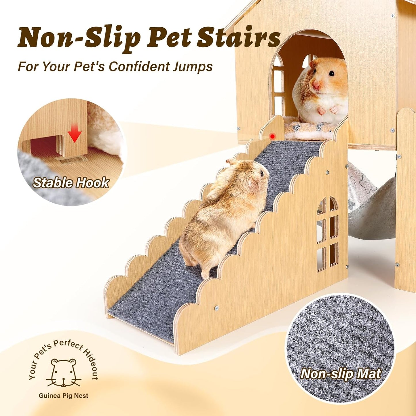 Guinea Pig Hideout with Hammock & Ramp – Multi-Level Wooden Small Animal House for Hamsters, Rabbits, Chinchillas | Easy Assembly Guinea Pig Cages