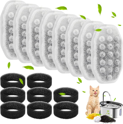 Cat Water Fountain Filters,Cat Fountain Replacement Filter Includes 8/16 Pet Replacement Filters 8/16 Sponges Compatible with 2/3/3.2/4LStainless Steel Pet Water Dispenser