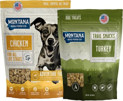 Chicken Dog Food and Turkey Dog Treat Adventure Fuel Bundle - 16 oz Freeze-Dried Raw Food with Single Ingredient Training Snacks