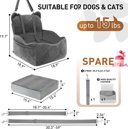 Dog Car Seat for Small/Medium Dogs Up to 30 lbs, Memory Foam Dog Booster Car Seats with Waterproof PU Cover, Pet Seat with Storage Pockets & 2 Safety Belt for Travel(Grey)