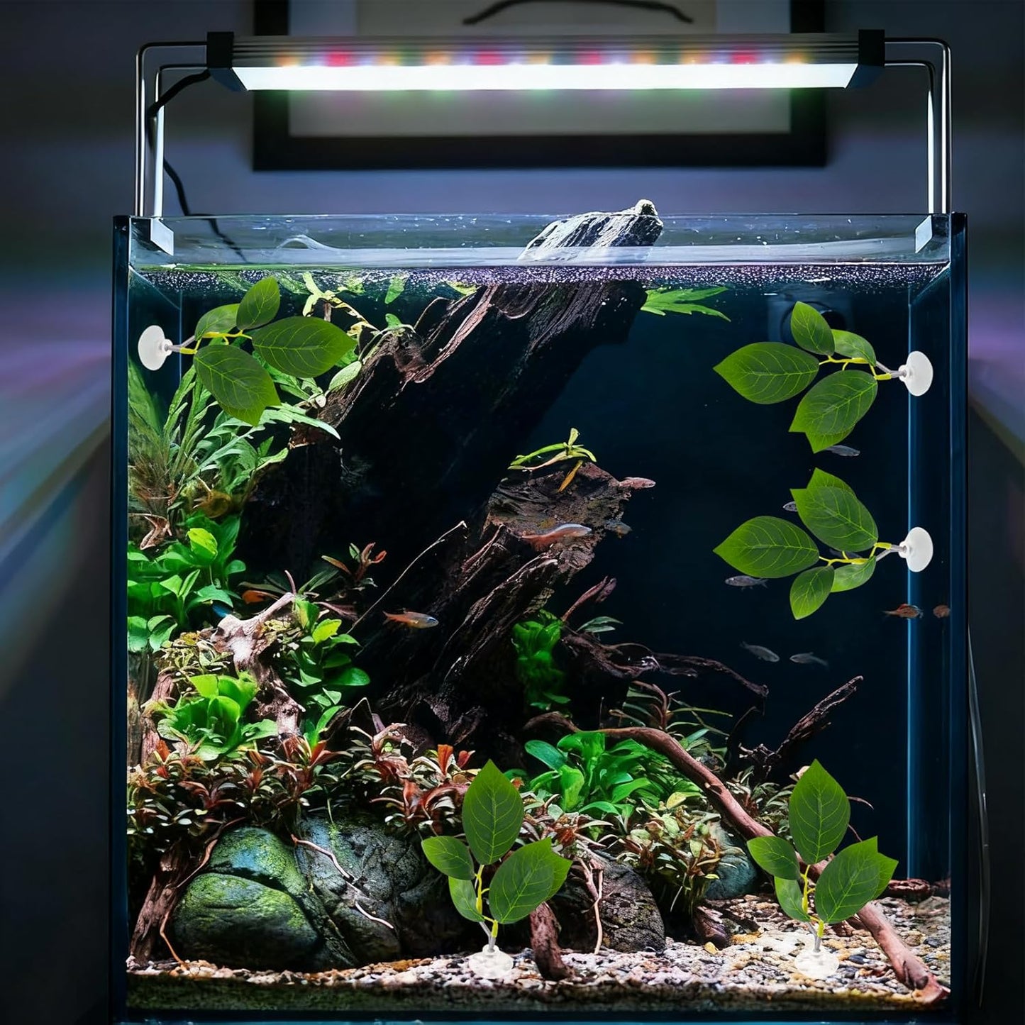 4 Pcs Betta Fish Leaf Pads with Suction Cups Adjustable Aquarium Tank Accessories Plastic Simulated Plants for Betta Resting Breeding Spawning and Playing Décor