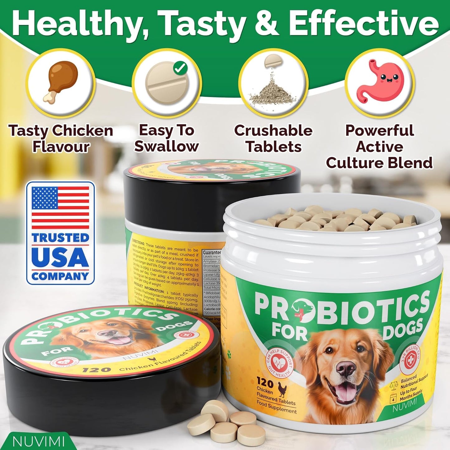 Probiotics for Dogs - Dog Probiotic & Prebiotic Tablets - Digestive Support Supplement for Gut Health, Tummy Relief, Itching, Diarrhea, Allergies, Bad Breath - 120 Chicken Flavor
