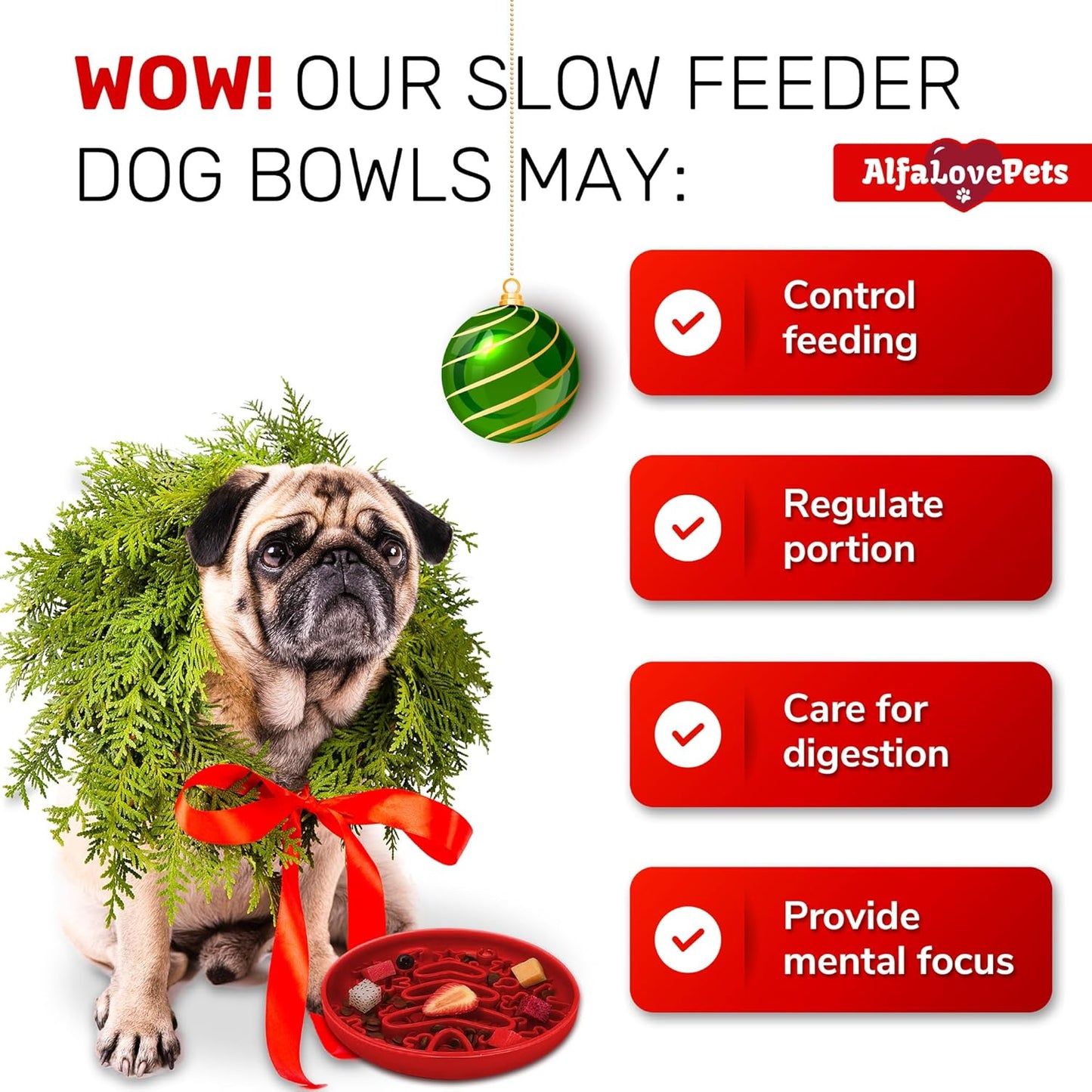 Slow Feeder Dog Bowls – Dog Bowl with Christmas Design – Red Lick Mat for Dogs – Dog Food Bowl – Safe Silicone Material – for Dogs Using – Dog Bowl Mat by Alfa Love Pets