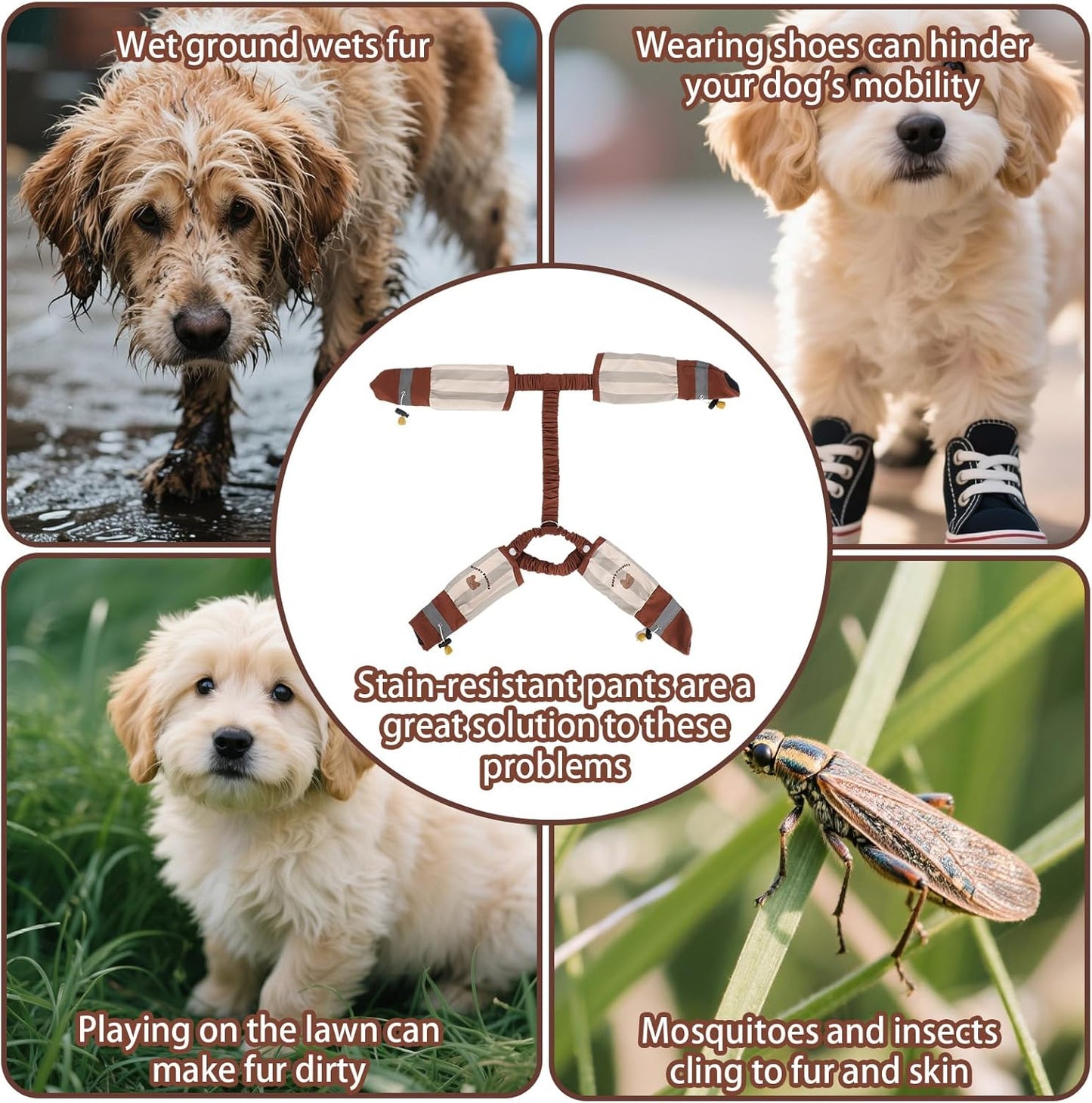 Anti-Dirt Pants for Small Dogs, Waterproof Dog Pants Dust Free Full-Leg Protective Dog Suspender Rain Boots Anti-Slip Paw Protector Shoes for 6-11lbs Pets Outdoor Play Hiking Walking (Striped)